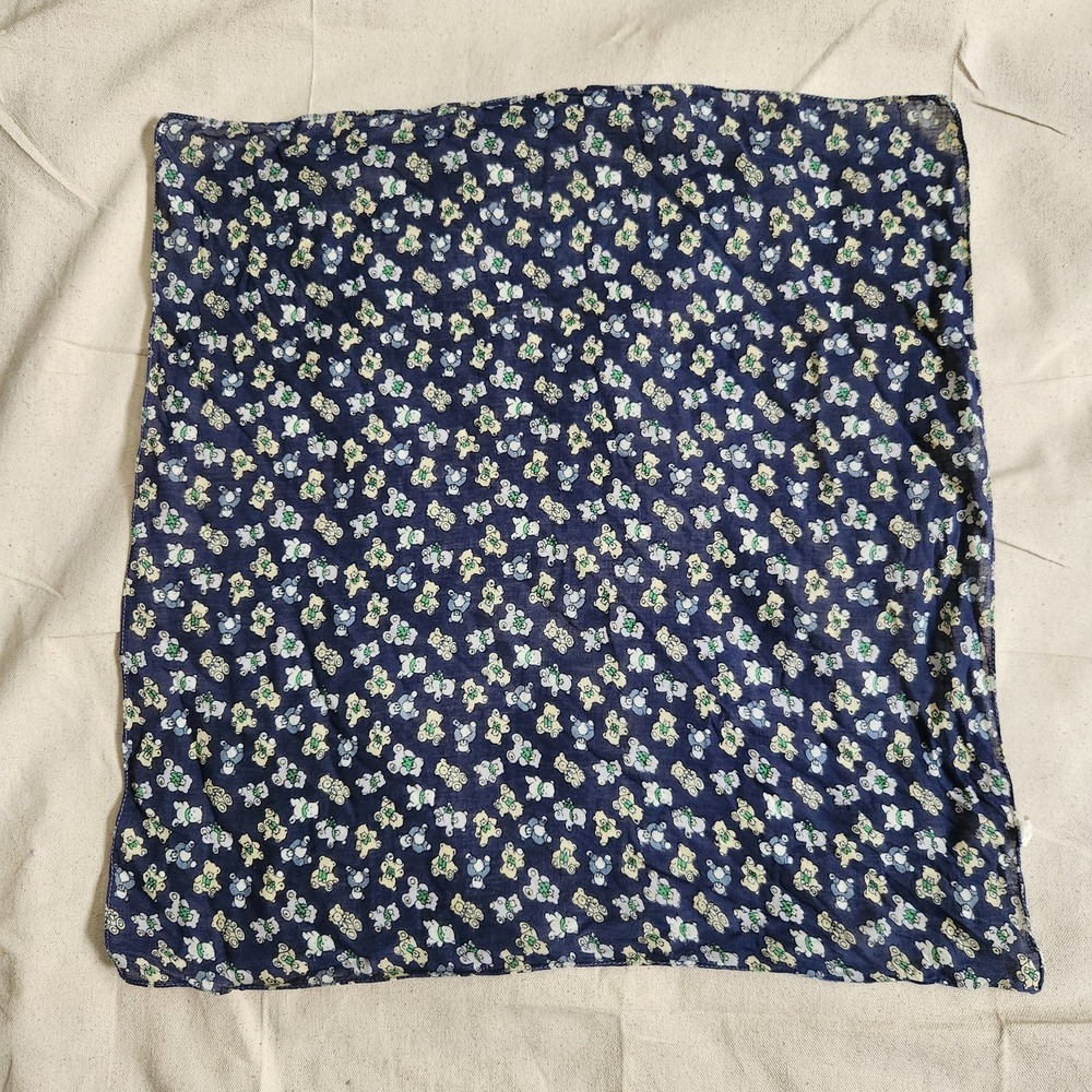Vintage Navy Blue Teddy Bear Print Cotton Scarf Bandana Handkerchief 21x21